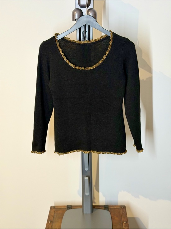 Tops - Black Long-Sleeve Knit Top with Gold Trim